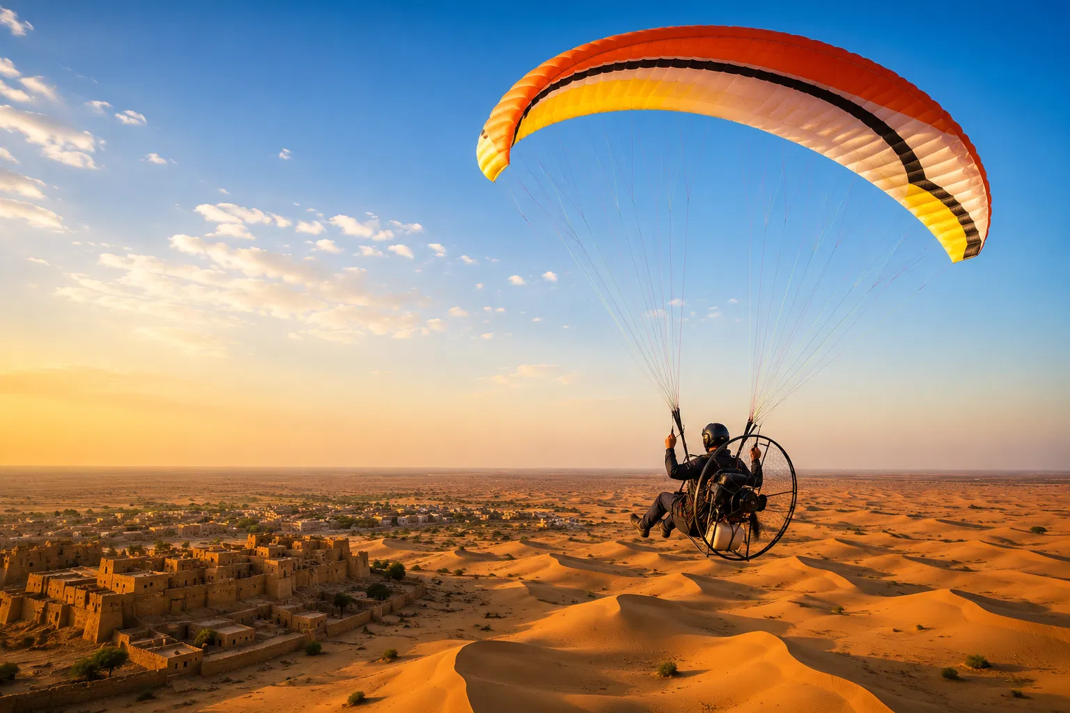Paramotoring experience over desert landscapes in Rajasthan