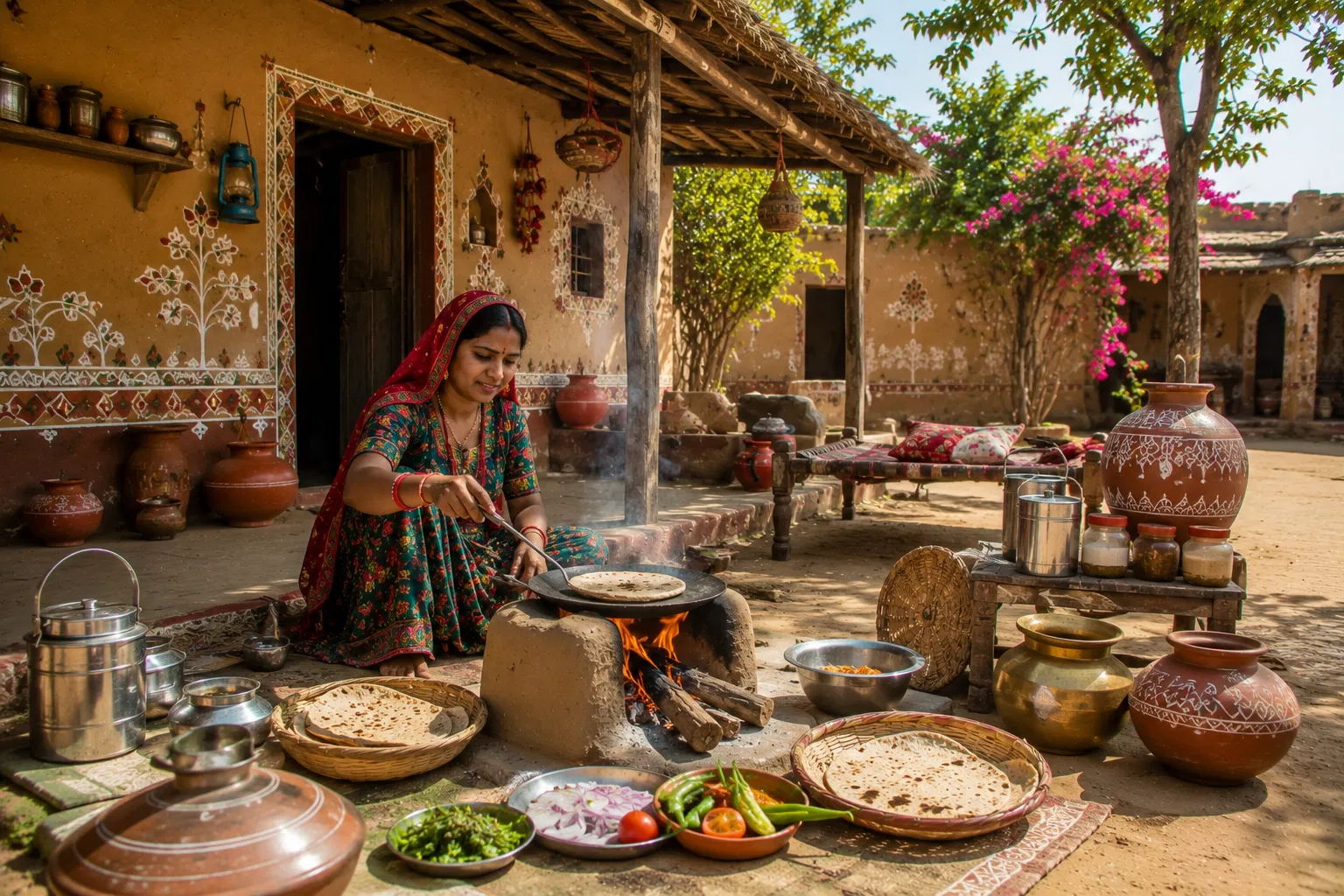 Traditional courtyard cooking experience in a Rajasthan village
